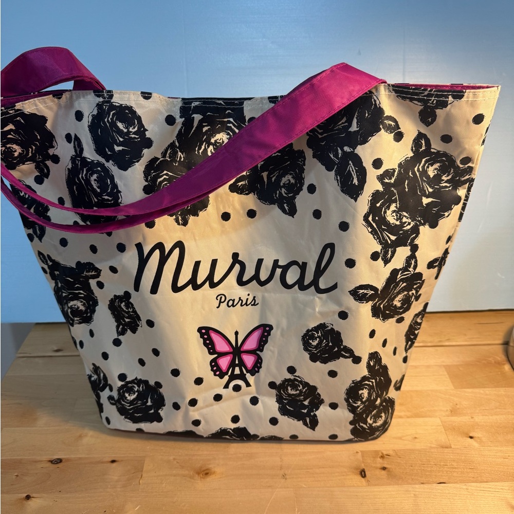 Murval Paris Reusable Tote Bag Black Roses Fuchsia Handles